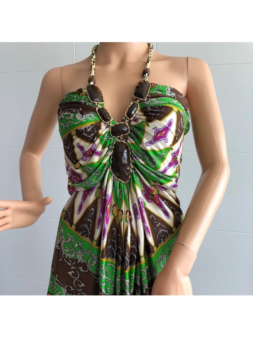 RARE Y2K Sky Gold Necklace halter top with green and brown pattern Small EUC